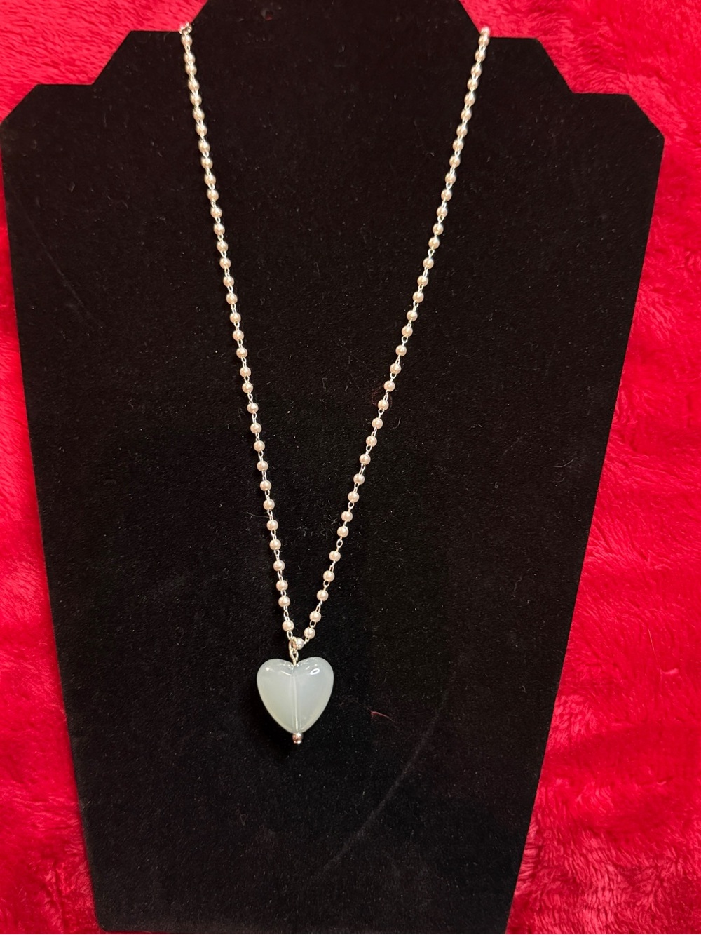 Icing Pastel Seafoam Green Quartzite Heart Pendant Necklace Faux Pearl LinkChain
